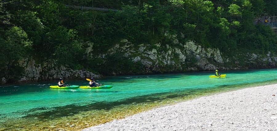 Bovec: Iconic Sit-on-Top Kayak Tour on Soča River +FREEphoto - Paddling from Čezsoča Bridge toward Hotel Boka